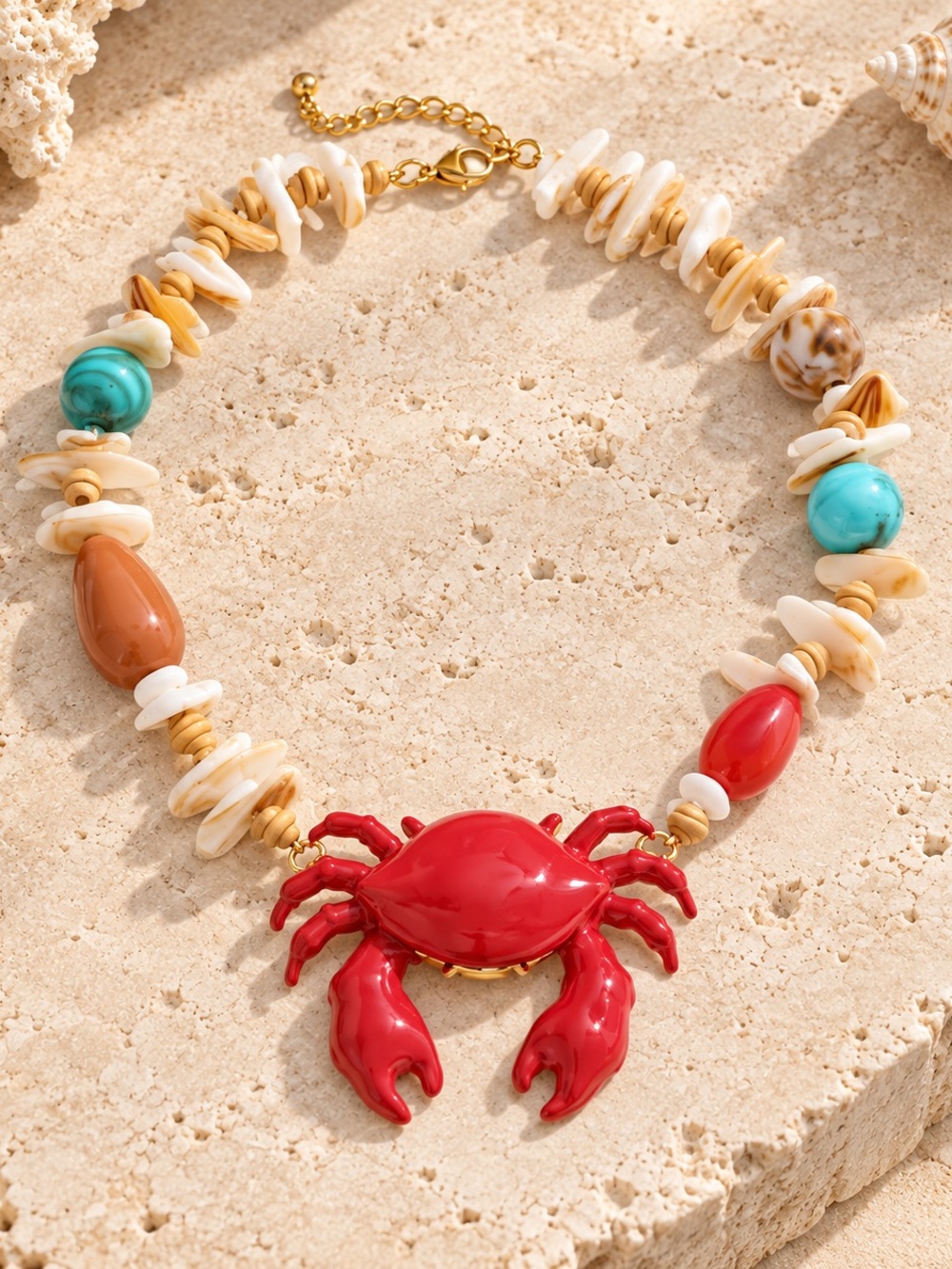 Bold Red Crab Pendant Necklace with Multicolor Bead Accents - Picture 1 of 3